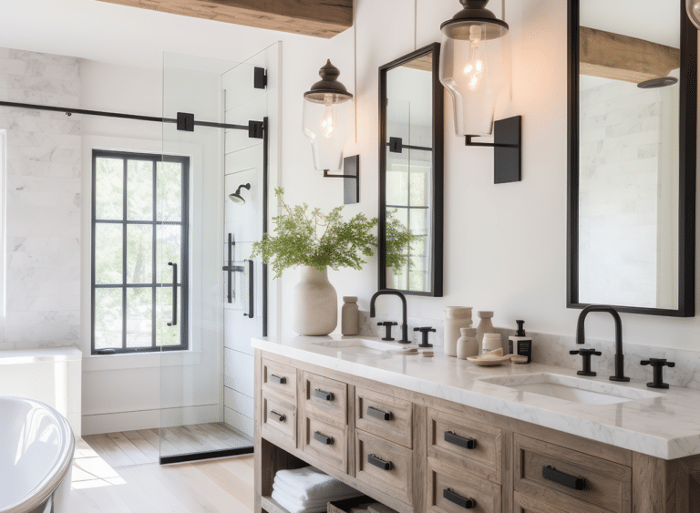 modern bathroom with furniture base vanity double sinks, dark metal accents