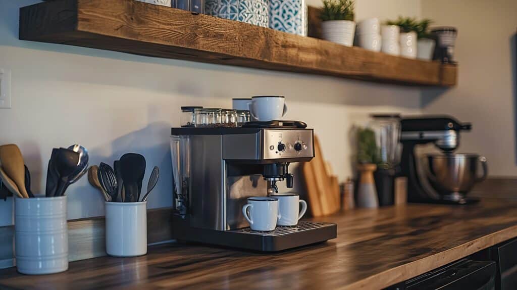 Cozy Kitchen With A Coffee Station, Featuring A Coffee Maker And Mugs